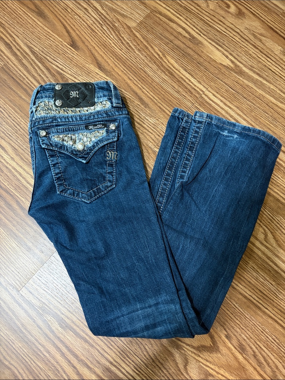 Miss Me Dark Blue Bootcut Jeans with Embellished Pockets